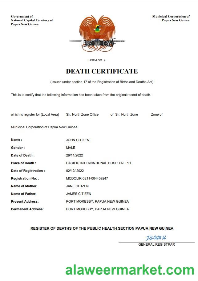 Papua New Guinea vital record death certificate Word and PDF template